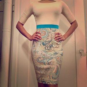 Marc Cain paisley print stretch body con dress.